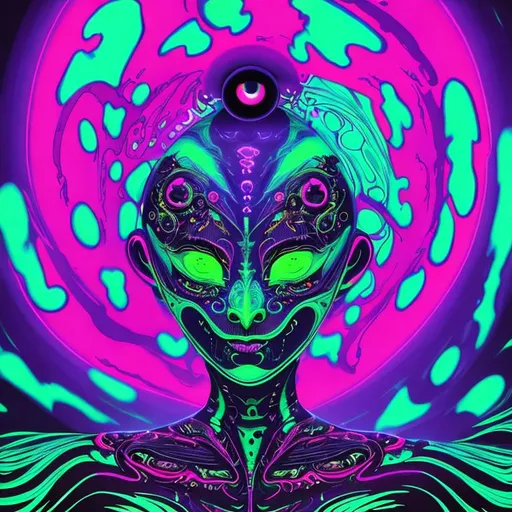 Prompt: Hypnotic illustration of a Alien, hypnotic psychedelic, pop surrealism, dark glow neon paint, mystical, Behance