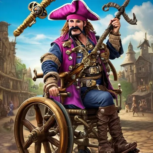 Prompt: A pirate in a wheel chair named joey swashbuckle, hook hand and 2 wooden peg legs with a large black beard and mustache to match, holding his trusty sword