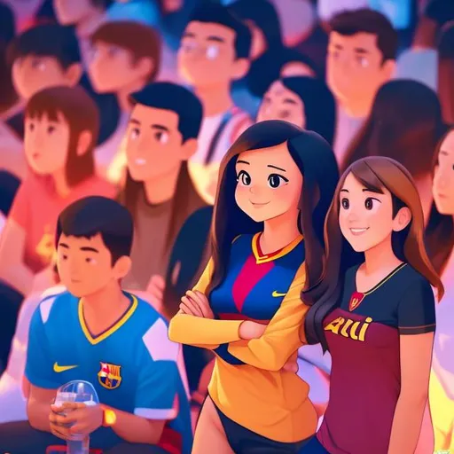 Prompt: Full body Portrait of {NSFW girl in front, Audience background, straight Barcelona fans, digital art, smooth, sharp focus, gravity falls style, doraemon style} with {black} hair and with cute face, {realistic by artificial intelligence with accurate details} , full body, perfect composition, hyperrealistic, super detailed, 8k, high quality , trending art , trending on artstation , sharp focus , Realistic background image hd, intricate details, highly detailed.