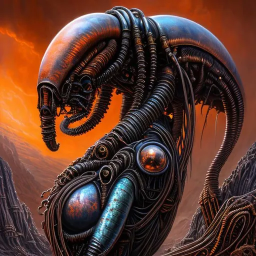 Prompt: Fantasy art style, H. R. Giger, pregnant woman, pregnancy, pregnant alien, alien, bones, pelvis, uterus, ant, queen ant, queen, eels beetles, sperm, embryo, human woman, pregnant human woman, robot, metal, copper, rust, shiny, gas mask, machine, pipes, pipeline, detailed, painting, dark, long neck, snakes, tentacles, wings, biological mechanical, robot, power plant, nuclear power, monument, bugs, spiders, wasps, bees
