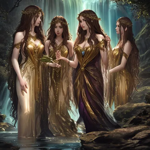 Prompt: Cinematic, Dark, Glamor, Shimmer, 3D HD Heroic Faded-Leaves and silk (Beautiful detailed face{Goddess}female with brown hair dressed as Princess), Morning, hyper realistic, 64K expansive Magical waterfall background --s99500