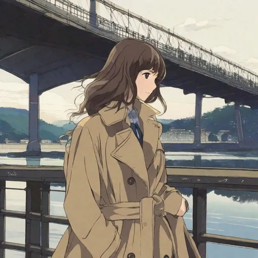 Prompt: woman on bridge with a trench coat, anime, ghibli