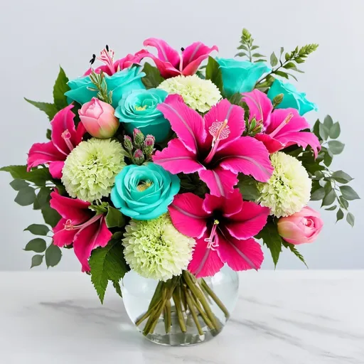 Prompt: A flower bouquet thats cute with pastel pink, hot pink and aqua colored flowers with hybisus flowers included