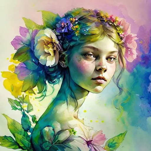 Spring fairy goddess, flowers in her hair,closeup | OpenArt