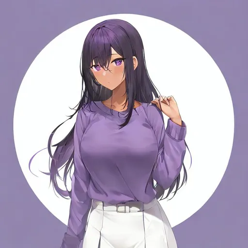 Prompt: girl with soft purple eyes, hip length black hair, tan skin, purple sweater, white skirt, bangs parted in the middle