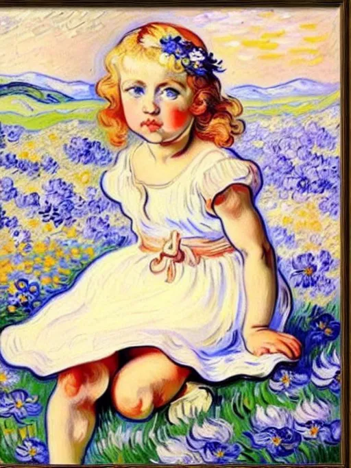 Prompt: Beautiful Romanian, Van gough impressionist scene, spring meadow, flowers, including Baby girl; blonde with blueeyes, Fine art, Welsh painting, Arianwen. Van gough painting meadow, Perfect face, art, golden ratio, perfect face, beautiful meadow with flowers, van gough baby 