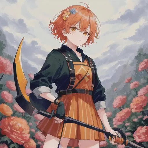 Short apricot hair anime girl bounty hunter. Wearing