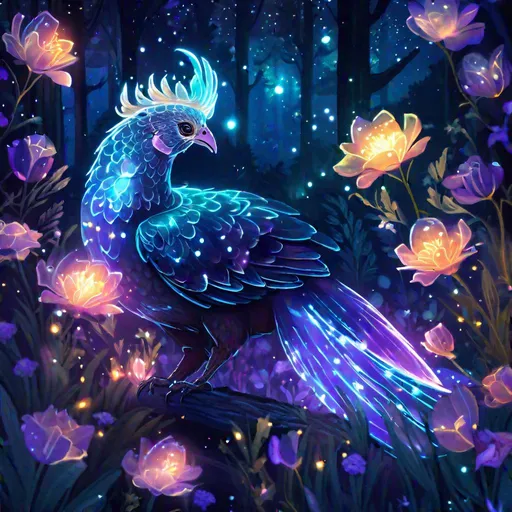 Prompt: A fantasy translucent cockatrice that is glowing, in a forest clearing surrounded by flowers, beneath the stars, bioluminescent, highres, best quality, concept art