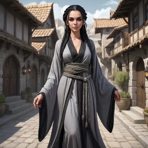 Prompt: Full body, Fantasy illustration of a female wizzard, 25 years old, slim, oliv skin, elegant grey persian robe, black braids, delicate makeup, mischievous expression, high quality, rpg-fantasy, detailed, persian style fantasy town background