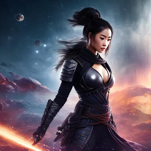 Prompt: create photograph of beautiful female ninja who is wearing white,  night time and beautiful sky  space and planets an nebulae in sky highly detailed, detailed face, extremely detailed environment, extremely detailed background, extremely detailed skin, extremely detailed clothing, natural colors , professionally color graded, photorealism, 8k, realistic, moody lighting, galactic environment, volumetric lighting