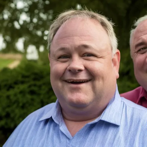 Prompt: A mid aged slightly fat man with a friend on a pub