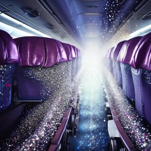 Prompt: Sparkling magic spews all over the place from the screaming person in a seat on an airplane