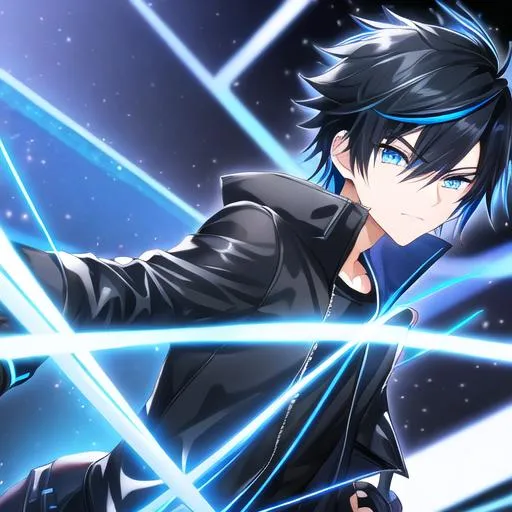 Prompt: Tetsu 1male. Short black hair with vibrant streaks of electric blue, that gives off an eye-catching look. Soft and mesmerizing blue eyes. Wearing a black leather jacket with a dark gray t-shirt underneath that adds a subtle contrast to the outfit. Cool and edgy, black skinny jeans. Holding a camera. UHD, 8K, photography equipment in the background