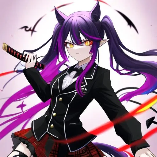 Prompt: Haley  as a demon (multi-color hair) (multi-color eyes)(she has horse ears) holding a katana, fighting, in a gunfight, bullets flying, fighting in a rural area, angry, (demon tail), (demon wings), lunging at the center, flying in the air