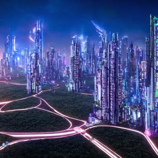 Prompt: hyper-realistic, far-future very dense cityscape, eco-friendly, lots of foliage, flying cars in the sky, neon lights, dusk, 