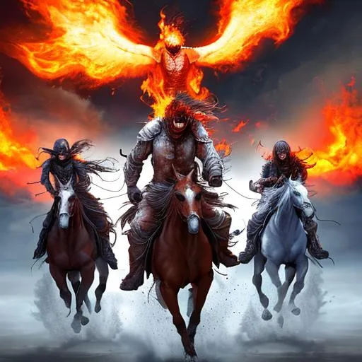 Prompt: The 4 horsemen of the apocalyps riding through the sky. Flames and tears. Photorealistic.