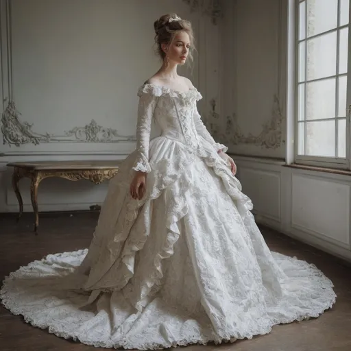 Prompt: white wedding dress, rococo style, 