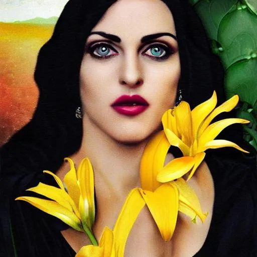 Prompt: beautiful black haired woman purple eyes madonna, gold yellow dress, white lily, black cat, river, jungle, toucan, vermeer art nouveau