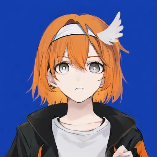 Prompt: Portrait of a cute winged girl with short, orange hair and grey eyes wearing a headband, white shirt, and black jacket 
