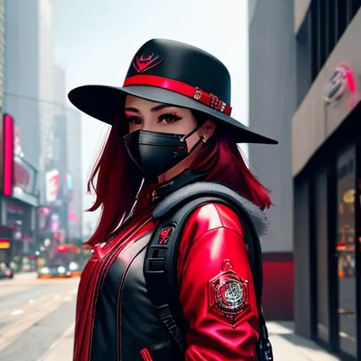 Prompt: A lady who wears all-red attire with a metal beaklike mask, and hat, cyborg arm, black backpack, holographic Raven gadgets and accessories, cyberpunk, outdoor, street, hyperrealism, photorealistic, 8k, unreal engine, 3d render --ar 9:16 --s 750 --niji 5 --style expressive --s 400