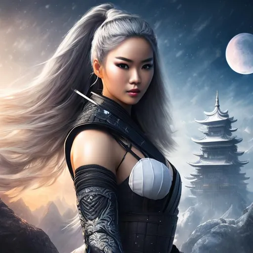 Prompt: create best quality photograph of beautiful female ninja who is wearing white,  night time and beautiful sky as background, detailed face, extremely detailed environment, extremely detailed background, extremely detailed skin, extremely detailed clothing, natural colors , professionally color graded, photorealism, 8k, realistic, moody lighting, galactic environment, volumetric lighting