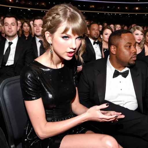 Prompt: Taylor Swift in a long black mini dress at the Grammys with a small baby bump, sitting at a table. Her eyes are facing the same way and you can see her whole body.