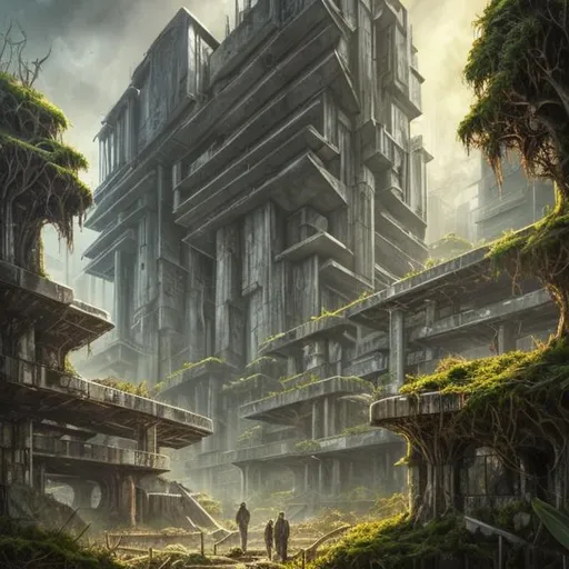 Prompt:  fantasy art style, painting, brutalist architecture, brutalism, brutalist building, biological mechanical, concrete, metropolis, greenhouse, terrarium, vivarium, utopia, plants, trees, tall trees, forest, dense forest, overgrown, giant, forest, redwood trees, jungle 