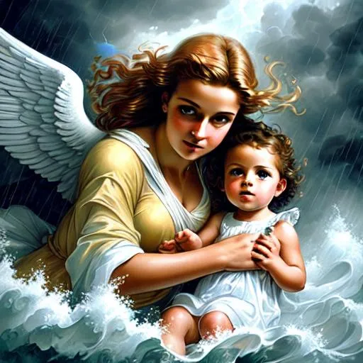 protective guardian angel and child in a raging stor...