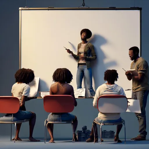 Prompt: African Americans writing a movie screenplay in a large room with a white board. Color photo taken by a Hasselblad camera.
