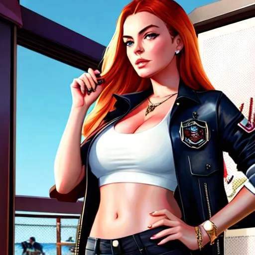 Prompt: Lindsay Lohan in GTA 5 loading screen, cover art by Stephen Bliss