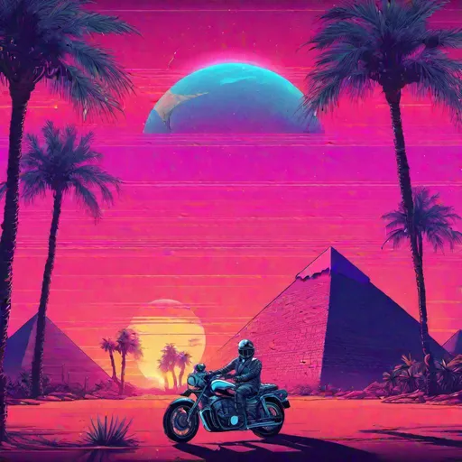 Prompt: vapor wave desert scene, pyramids, motorcycle parked, highly detailed, palm trees, night sky, synthwave retro art