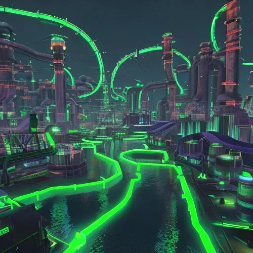 Prompt: vrchat world, the organism, megatropolis sewer with neon green, radioactive water flowing from pipes, black and green industrial sewer 