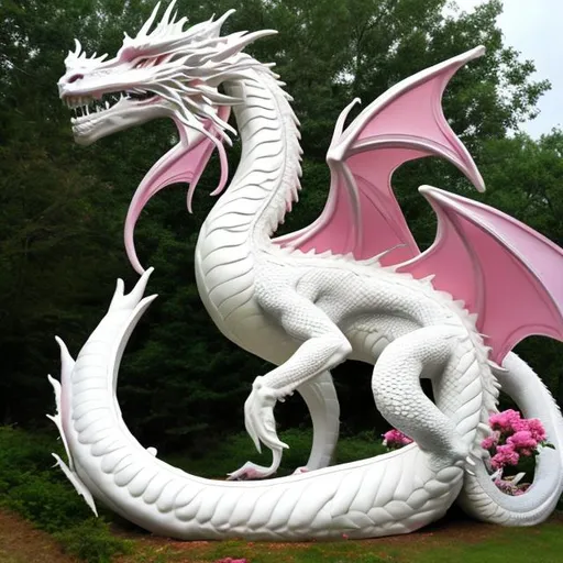 Prompt: pink flowers, beautiful white dragon statue, by a green forest, style of Larry Elmore