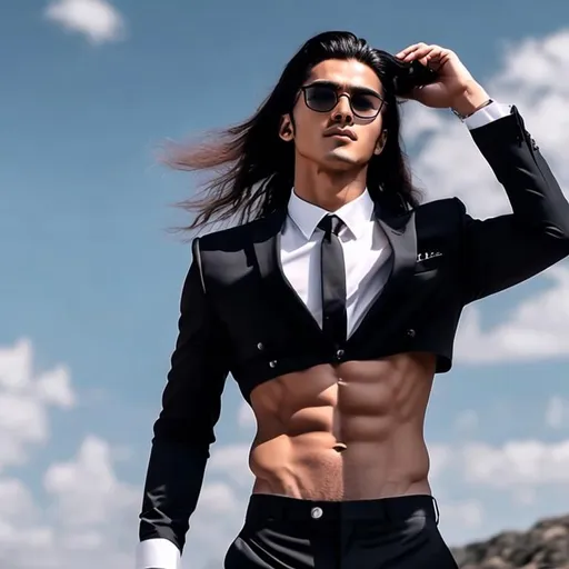 Prompt: an attractive extremely long-haired 20-years old man with a six pack abs and eyeglasses wearing a crop top black suit and tie with black suit pants and a bare navel, he has his right hand on his hips and looking up in the sky with his left hand on top of his head, outside