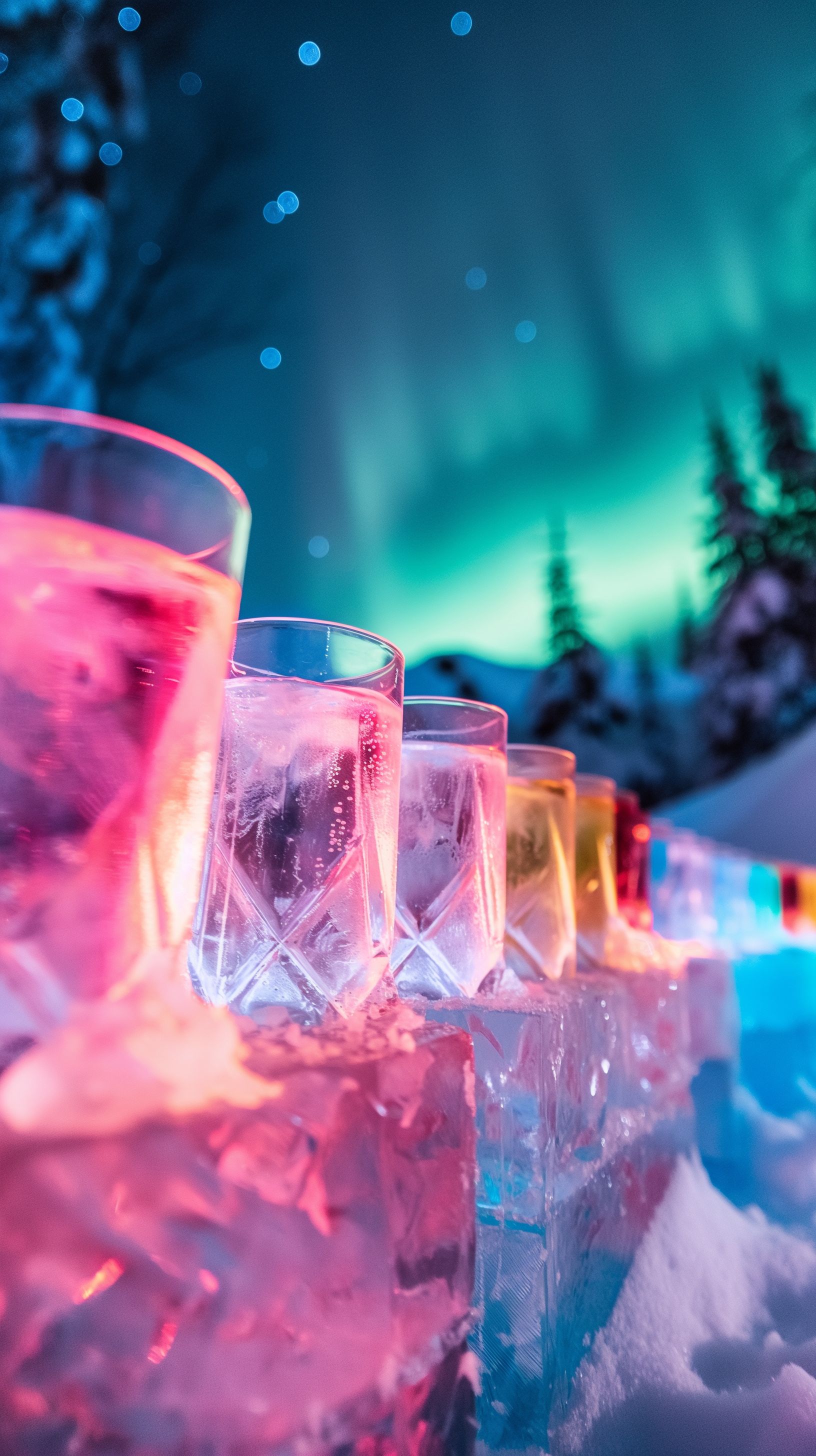 Prompt: a bar made entirely of carved ice with multicolored drinks resting on it, reflecting the northern lights in it's shadow as the moonlight hits the glasses --ar 9:16 --v 6.0