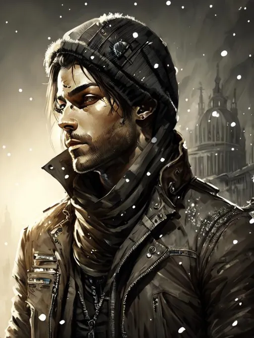 Prompt: Phantom-Hunter Male with detailed eyes, full body, frostpunk background, black steampunk Suit, snowfall, dystopic,