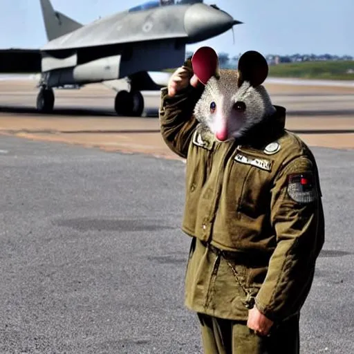 Prompt: A possum, dressed as a soldier, in olive pants and jacket and a red barret, saluting his superior, in the distance. We cannot see his superior. The possum is standing on the runway of an Air Base.