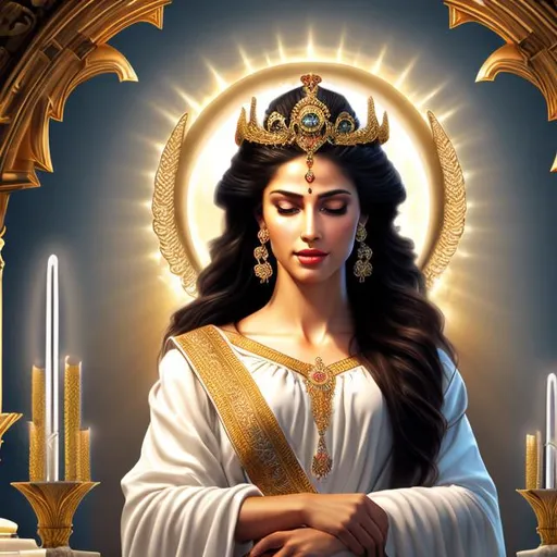 Prompt: HD 4k 3D 8k professional modeling photo hyper realistic beautiful woman ethereal greek goddess of mercy
bronze hair blue eyes gorgeous face brown skin beautiful shimmering grecian dress angel wings halo crown sitting on altar full body surrounded by heavenly glowing light hd landscape background falling rain in religious temple 