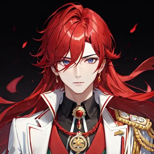 Prompt: Zerif 1male (Red side-swept hair covering his right eye) wearing a royal suit