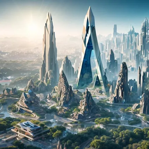 Prompt: City with sleek and angular designs and cliffs and caves, utilizing transparent materials and incorporating holographic displays. The buildings are adorned with intricate patterns and geometric shapes. Futuristic, crystals.