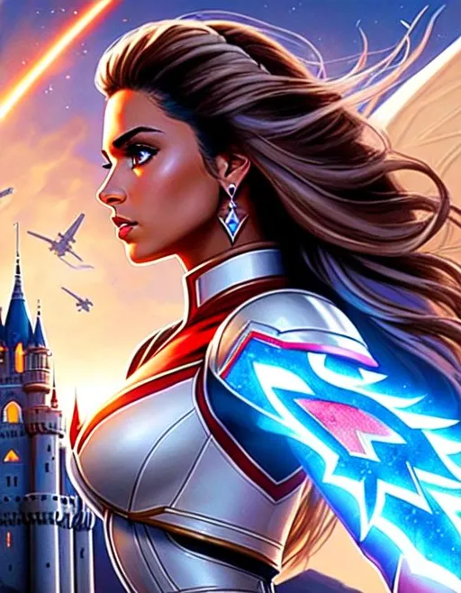 Prompt: movie poster Naomi Scott as She-ra infront of Castle Greyskull, white mech armour, bangs, brown hair, brown eyes, ethereal, jewelry set balayage wild hair, spaceship in background, dragons flying in background,brown hair , war, castles on fire, royal vibe, highly detailed face, digital painting, brown hairTrending on artstation , HD quality, tan skin, Big Eyes,artgerm, by Ilya Kuvshinov 