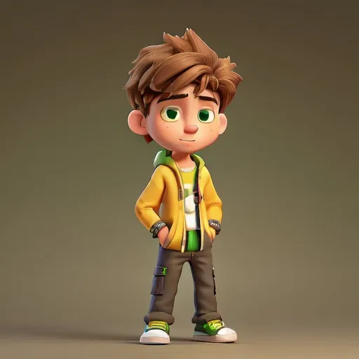 Prompt: Teenage boy. Has light brown hair and green eyes. He also has straight, brown eyebrows.
He wears a yellow shirt. He wears a black hoodie with white drawstrings, a green hood, green glove cuffs, and green zipper. He also wears black knee-length cargo pants and black sneakers with white soles and laces, as well as a brown wristband, a bracelet with yellow and green beads on his right hand and a black watch on his left hand.