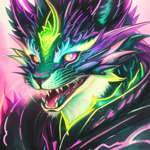 Prompt: portrait of a roaring neon dragon with fangs and iridescent black markings and a cute face, facing forwards, perfect composition, watercolor on paper with pencils, hyperrealistic, super detailed, 8k, high quality, trending art, trending on artstation, sharp focus, studio photo, intricate details, highly detailed