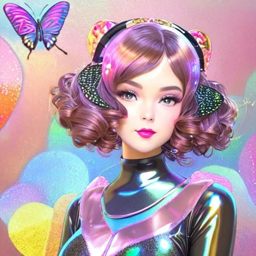 Prompt: Beautiful and sweet and happy girl of warm glaze, sockings, pantyhose, metal, necklace leather, latex,  wearing fine mini dress, discrete make up, paul klee, butterflies, insectoid parts, afternoon, impressionism, glowing up, large curly black light brown hair, light sparkles, drapping, big lips, pink cheeks, translucid, unreal engine 148k octane, 3d lightning, stellar, quartz and opal, gem rain, soft white skin, long wavy hair, nice smile, luminous and ample chest, fantasy, silence