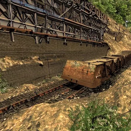 Prompt: Make an abandoned mine with rusted railroad tracks and have a crumbled mine entrance