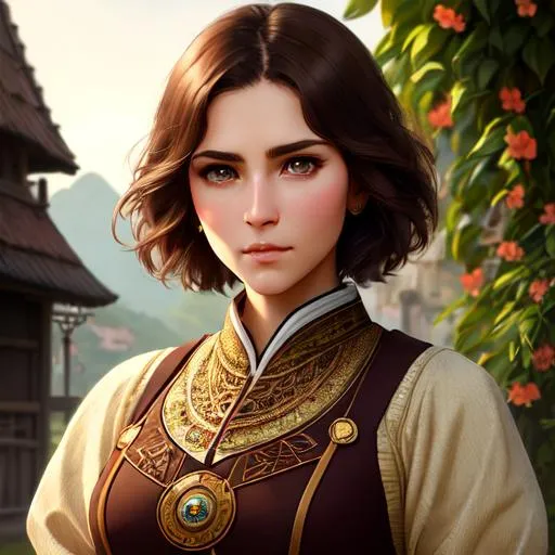 Prompt: a  brown hair, handsome, no beard, short hair, angry looking, female villager, Novi grad, human, beautiful intricate exquisite imaginative exciting, full pose with relaxed pose, poor clothes, farmer clothes,  by roan jia, tom Bagshaw, Alphonse Mucha, Krenz lovely girl beautiful horseteed in the background, vray render, artstation, deviantart, pinterest, 5 0 0 px models, evening
