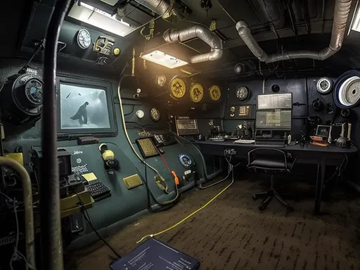 Prompt: Dark Detectives office on submarine