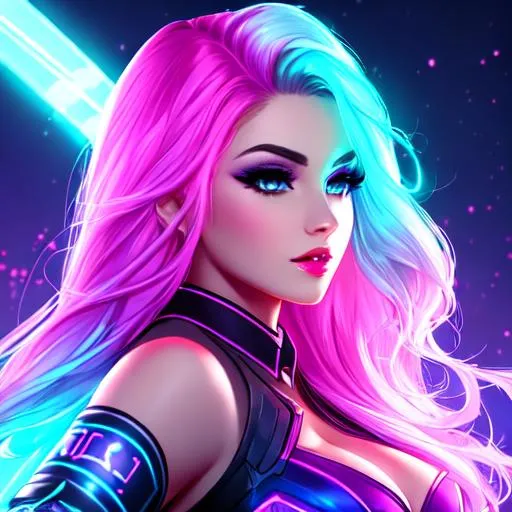 Prompt: high quality, beautiful woman, league of legends, deviant art, full front, neon lights