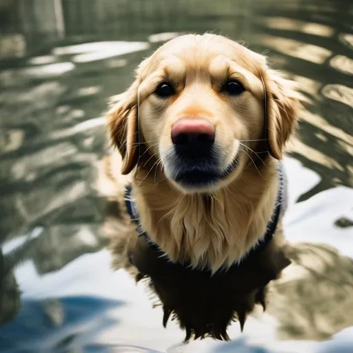 Prompt: A water reflection of the face of a golden retriever