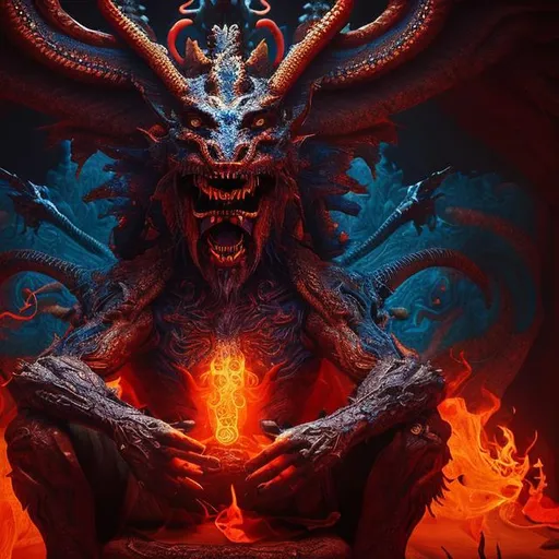 Prompt: man who is having a psychedelic hallucination of dragons and demons seated on a chair with his head in his hands detailed faces hyper realistic extremely detailed dark cinematic 4K
